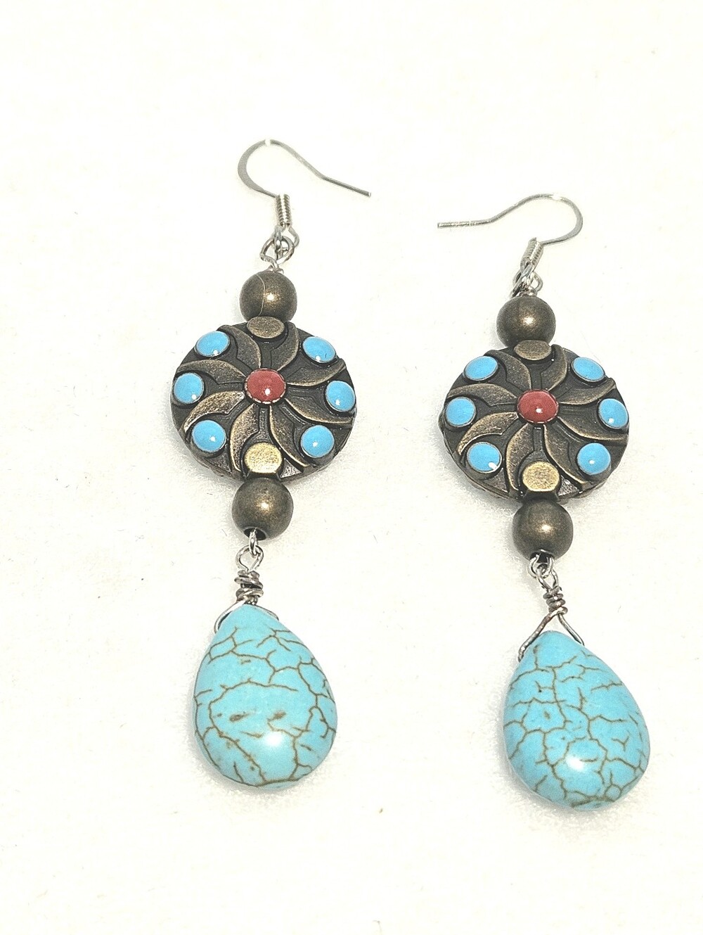 Bohemian Southwestern Turquoise Teardrop & Bronze Inlay Dangle Earrings